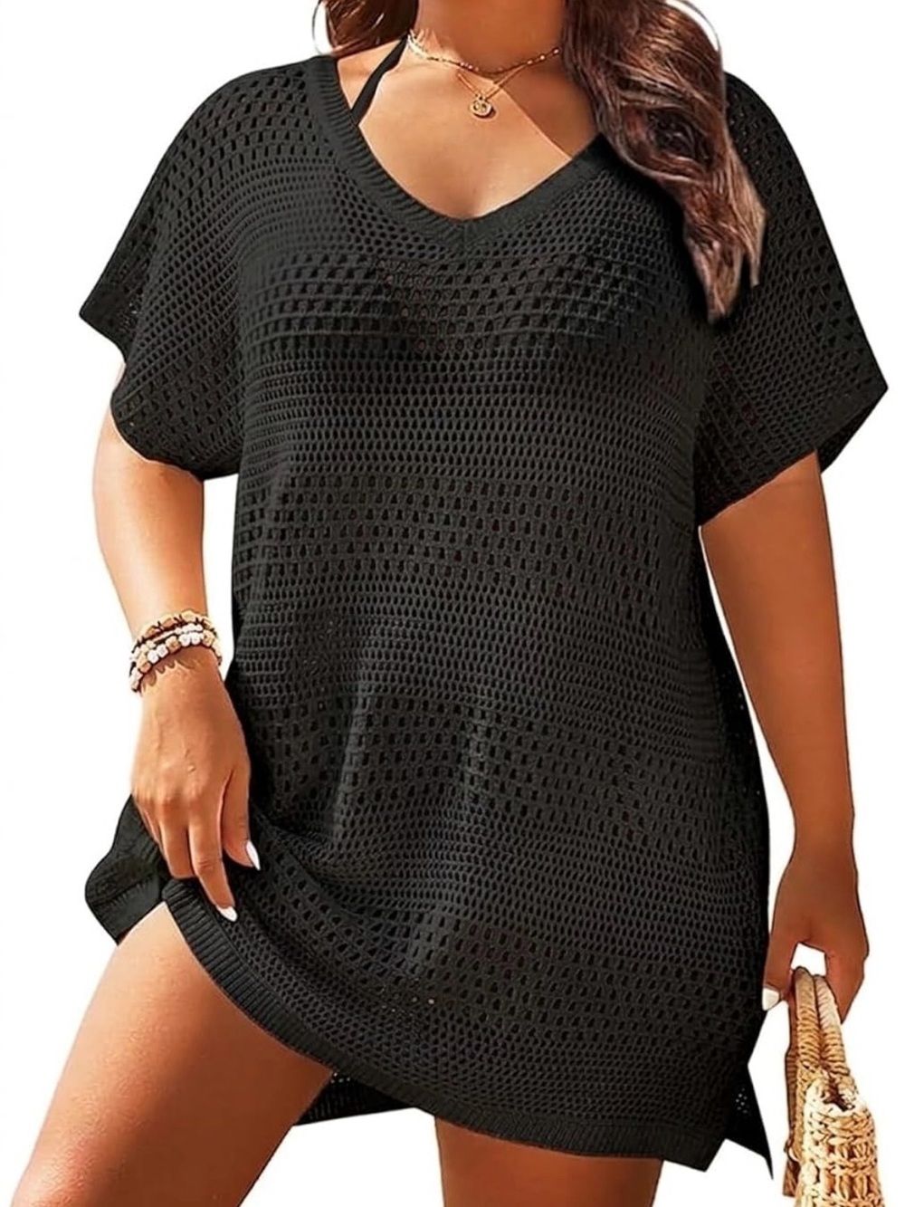 Younique Black Crochet V‑Neck Swim Coverup Tunic Dress